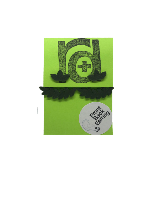 Shown on a bright green earring card are two R+D earrings. They are front back earrings (earring jackets) that have a cluster of three leaves on the stud. The piece that fits behind the ear is a leafy bough or vine that curves with the shape of one's earlobe. These eco friendly 3D printed studs are shown in olive green.