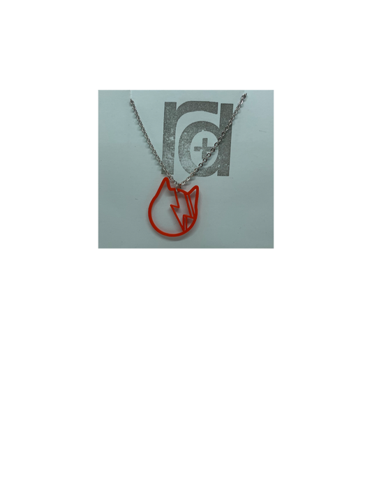 On a light blue R+D necklace card is a stainless steel chain with a red 3D printed pendant. The pendant is printed using a plant based filament. It is the shape of a cat with a lightning bolt across its face to mimic David Bowie's iconic album cover. 