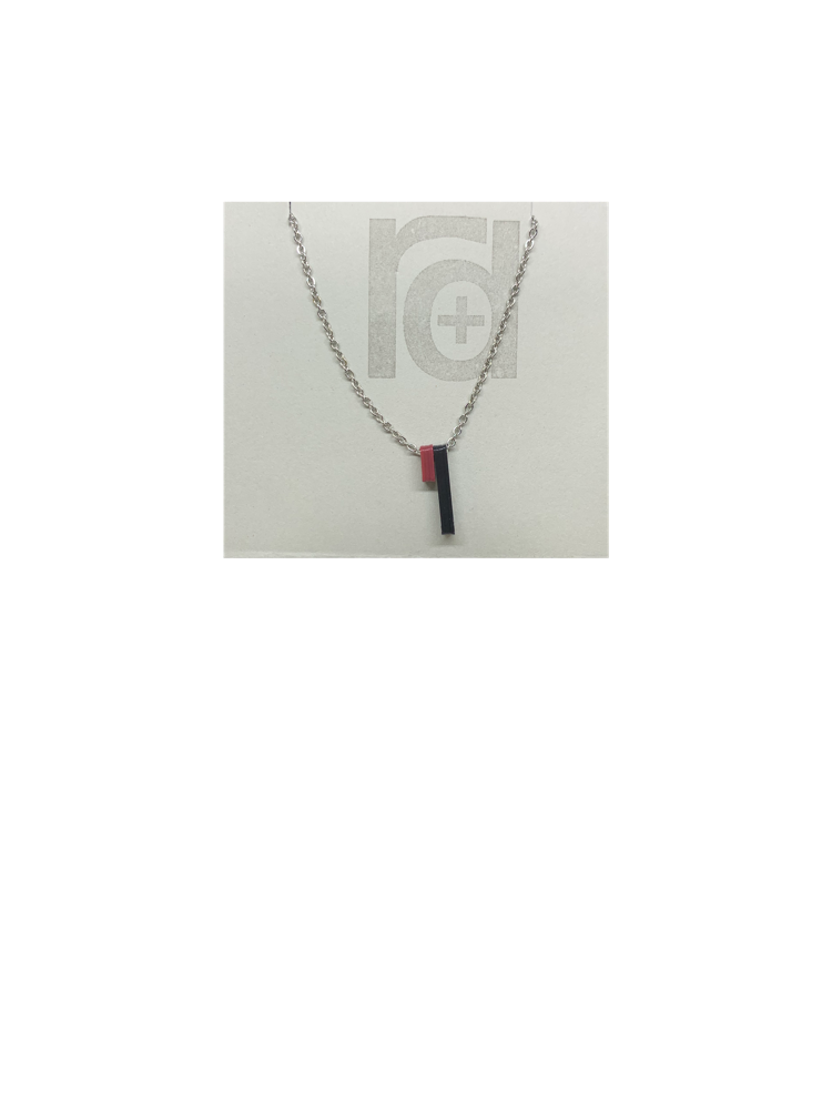 Pictured on a grey card is a R+D 3D printed necklace. There are two skinny pendants hanging from the chain. One is a dark merlot red and the other is black. When turned to the side, you can see the message on the side of the pendants.
