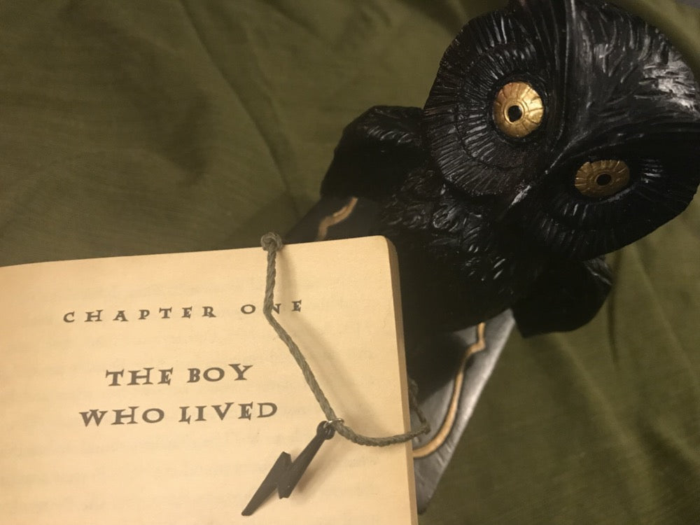 There is a black owl with gold eyes and a book opened so you can read, chapter one, the boy who lived. Hanging off the cover of the book is an adjustable bracelet that has a dark green and all natural cord. There is a charm shaped like a lightning bolt that is 3D printed in a black plant based material.