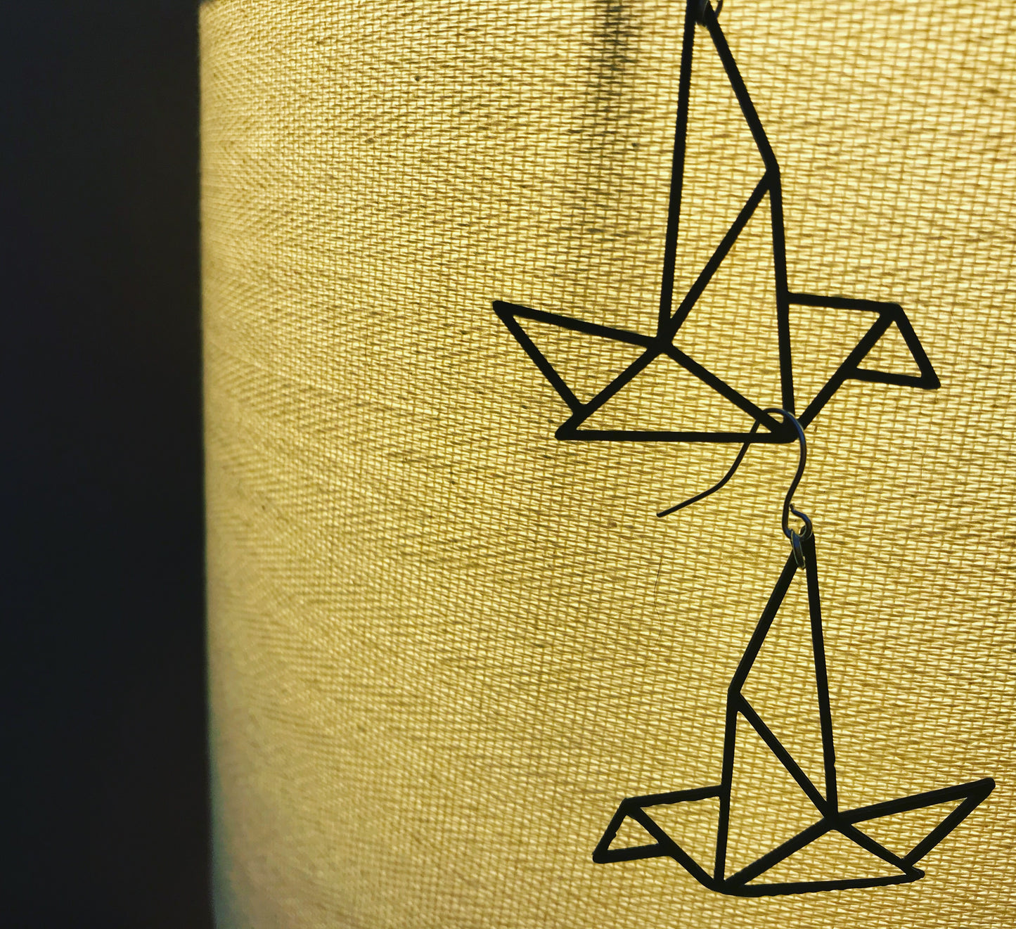 Hanging from a glowing lamp are two geometric bird earrings in black from R+D.