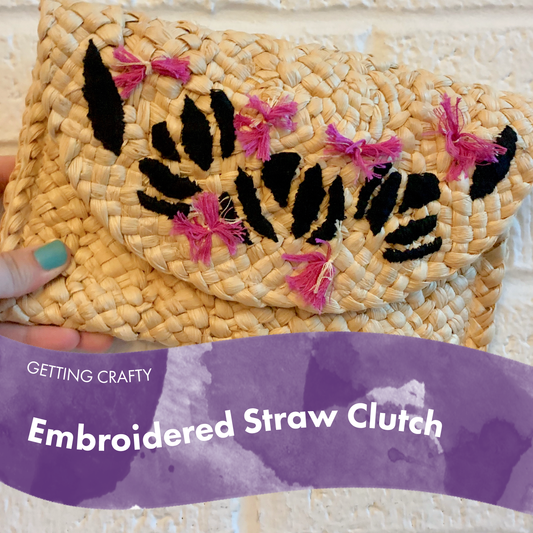 Embroidered Straw Clutch