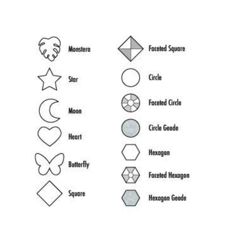 This is an image of the ring shapes and their corresponding names. These rings are cast in 13 shapes from recycled 3D prints. 