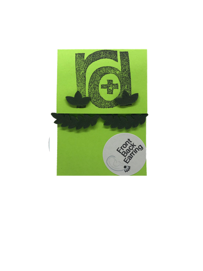 Shown on a bright green earring card are two R+D earrings. They are front back earrings (earring jackets) that have a cluster of three leaves on the stud. The piece that fits behind the ear is a leafy bough or vine that curves with the shape of one's earlobe. These eco friendly 3D printed studs are shown in olive green. 