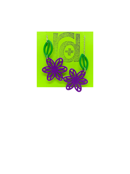 On a bright green necklace card is a asymetrical necklace with two purple flower blossoms and two kelly green leaves.