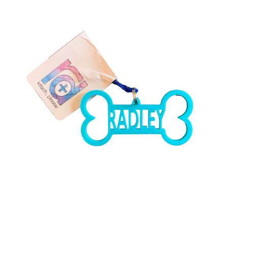 A bright teal dog bone tag is pictured. It is 3D printed and has the name Radley in the center. It can be customized to any pet name and to 15 other colors. 