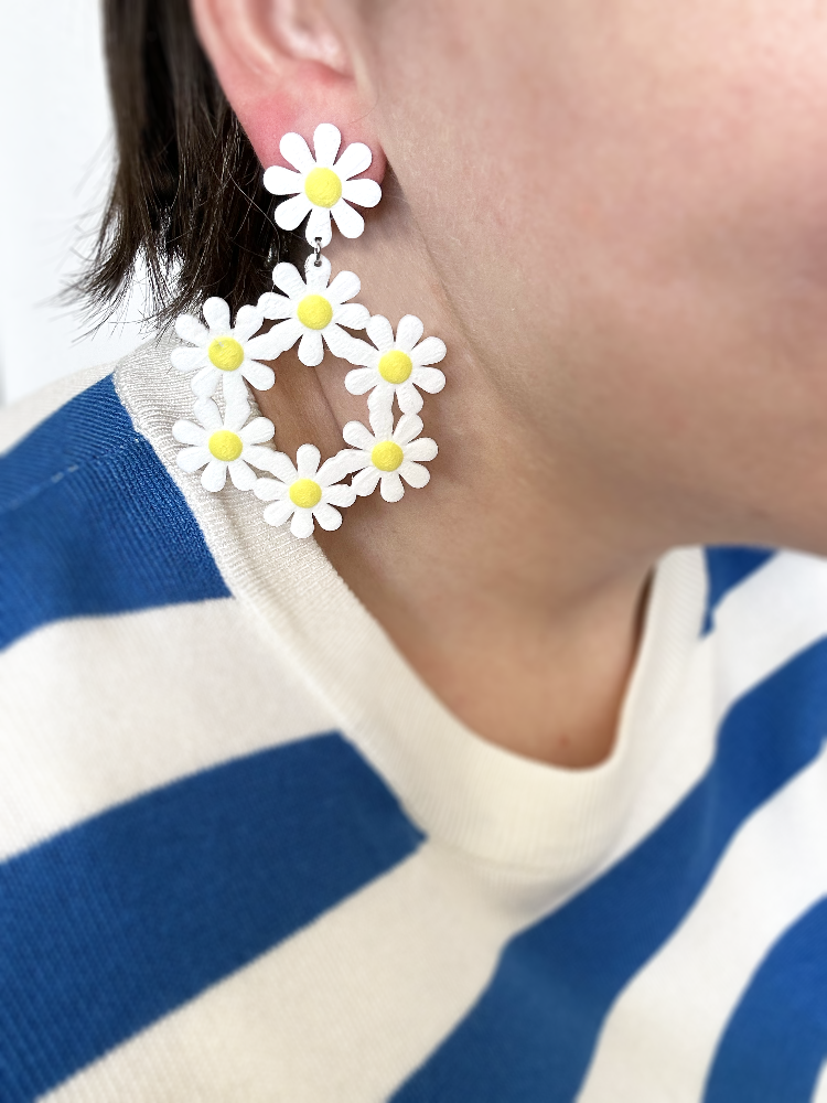 This is a close up photo with only the bottom of a person's ear and their earring in focus. They are wearing a 3D printed  earring that is a single white petal daisy with a yellow center as the stud. Below 6 more white and yellow daisies form a circle wreath. 