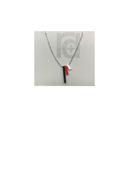 Pictured on a grey card is a R+D 3D printed necklace. There are three skinny pendants hanging from the chain. One is black, one is red, one is white. When the pendants are turned to the side, the customized words or names are visible. 