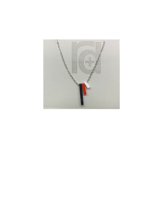 Pictured on a grey card is a R+D 3D printed necklace. There are three skinny pendants hanging from the chain. One is black, one is red, one is white. When the pendants are turned to the side, the customized words or names are visible. 