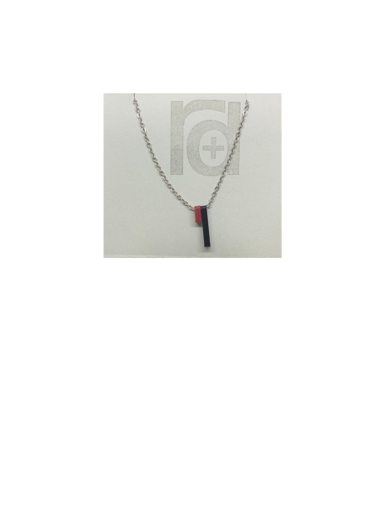 Pictured on a grey card is a R+D 3D printed necklace. There are two skinny pendants hanging from the chain. One is a dark merlot red and the other is black. When turned to the side, you can see the message on the side of the pendants. 