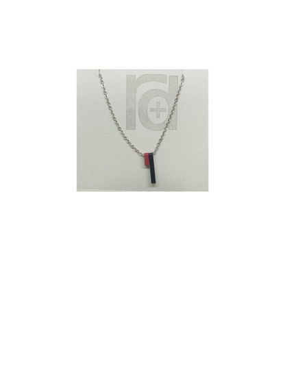 Pictured on a grey card is a R+D 3D printed necklace. There are two skinny pendants hanging from the chain. One is a dark merlot red and the other is black. When turned to the side, you can see the message on the side of the pendants. 