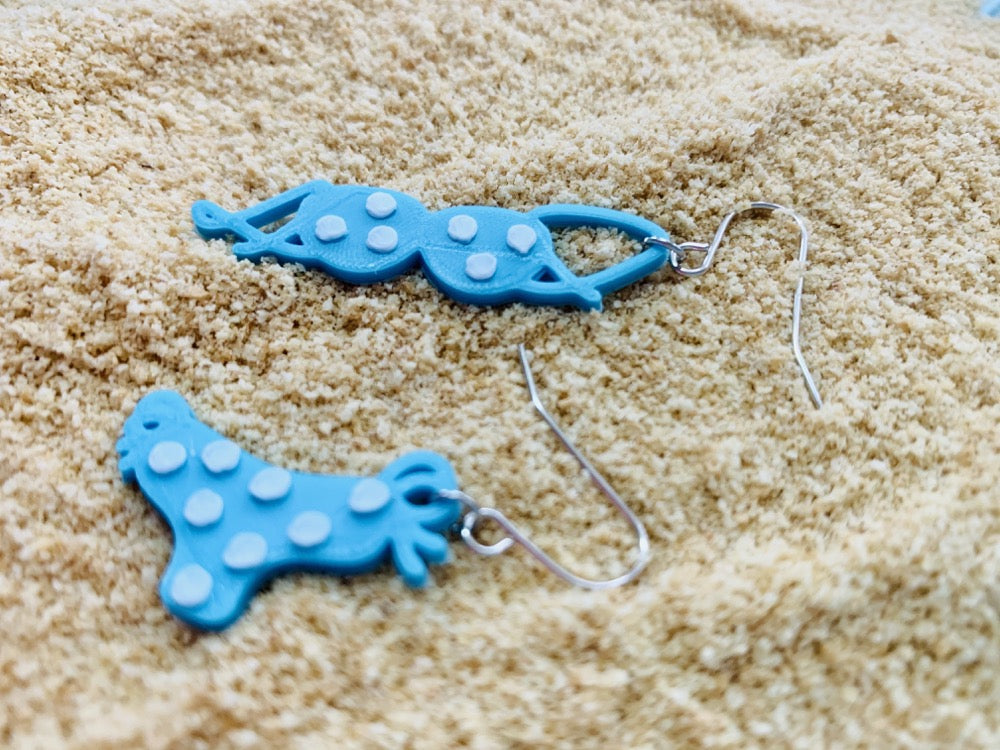 There is a pile of fluffy sand. There are two earrings in the center. They are asymmetrical earrings one is a bikini top the other is a bikini bottom. They are both teal with white polka dots.