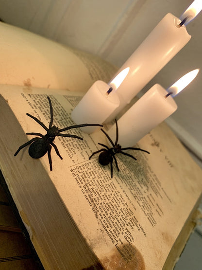Shown are two spider earrings that are realistic in their shape. They are pictured crawling up an old book with lit candles on top to create a spooky Halloween scene. 