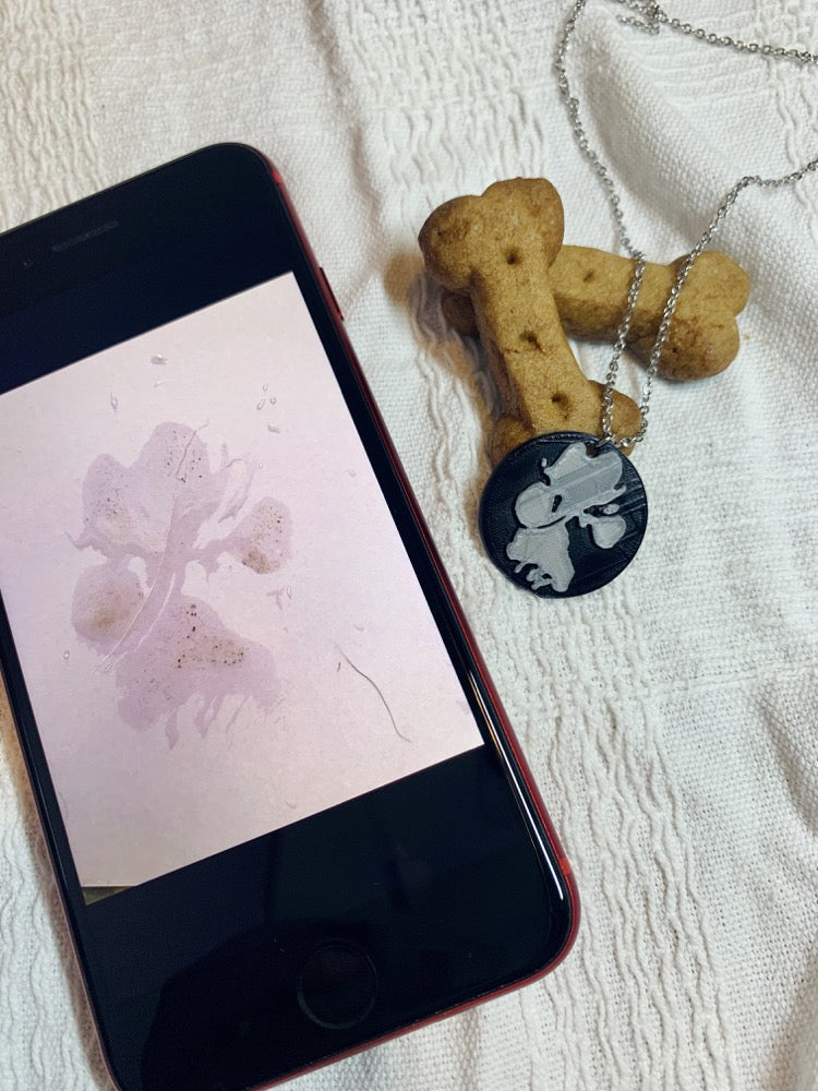 Shown laying on a white fabric is a phone, a necklace with a 3D pritned pendant, and two dog bone shaped treats. The pendant is a 1 inch black circle with a silver paw print on it. The picture on the phone is of the same paw print and was used to create the custom print. 
