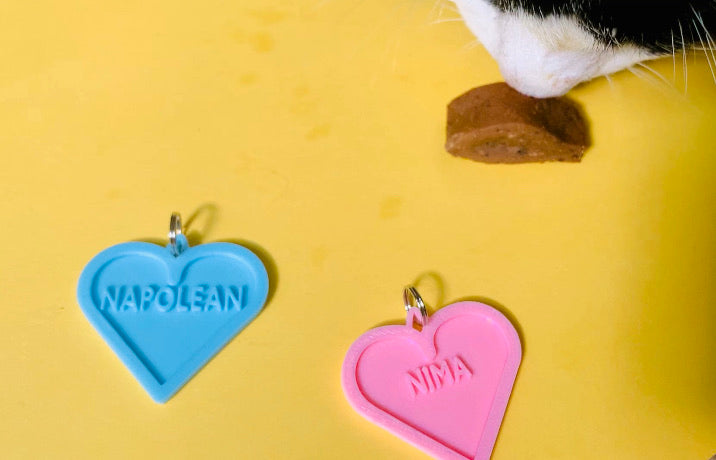 On a yellow background are two heart shaped pet tags. One is light blue with the name NAPOLEAN and one is light pink with the name NIMA. In the upper corner is a cat coming into the frame to take a fish shaped treat. These tags can be personalized in 17 colors and with any pet name.