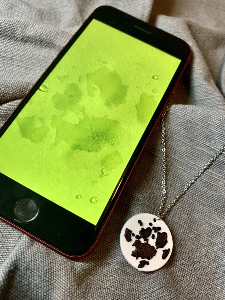 On a grey fabric background is a phone and a necklace with a 3D printed pendant. The pendant is white and has a black paw print printed on it. The phone has an image showing on the phone -- it is the same paw print that is used to make the design on the pendant. 
