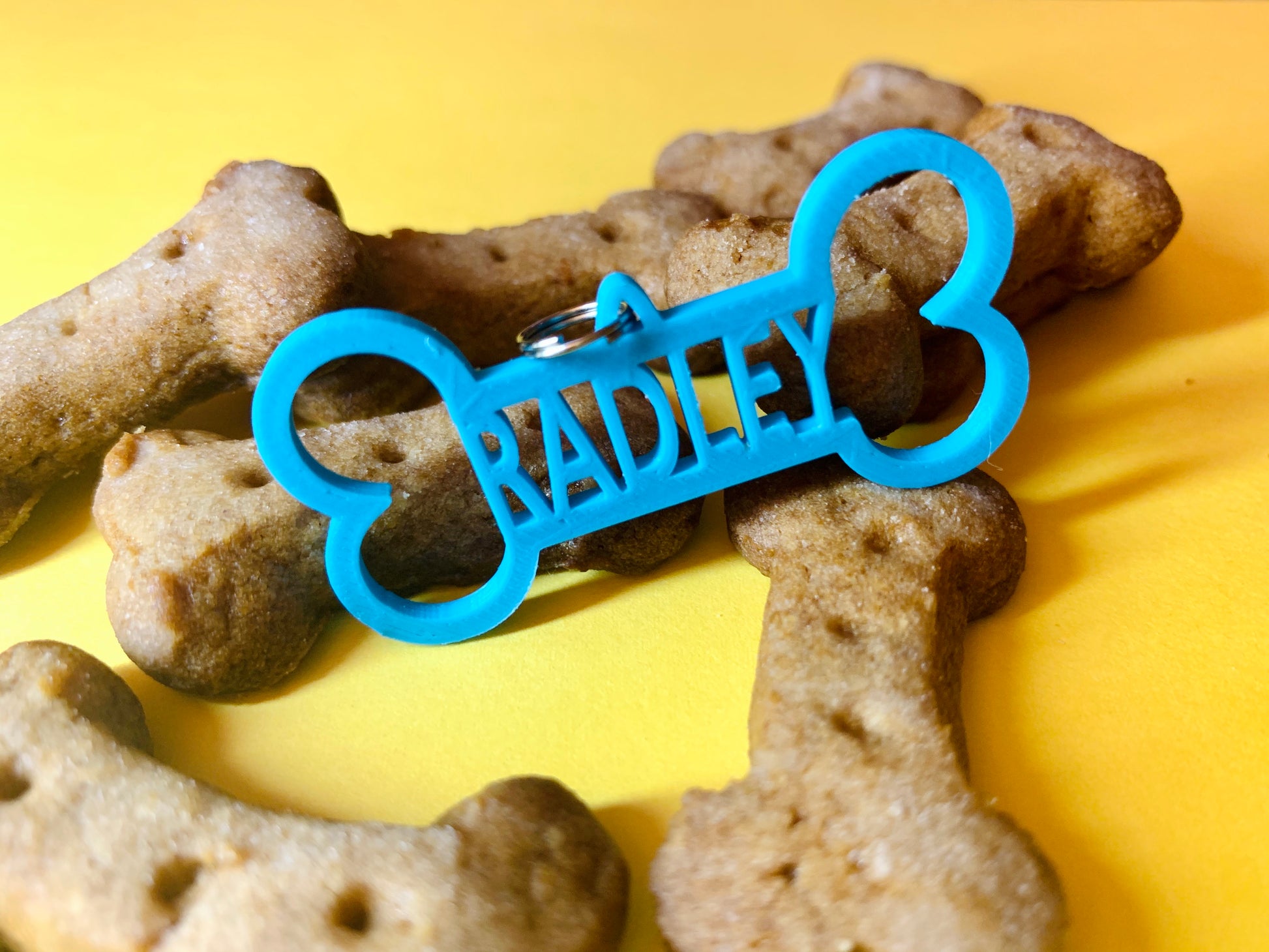 Pictured on a yellow background with dog treats shaped like bones is a 3D printed dog tag. The tag is bright teal and also shaped like a dog bone and have the name RADLEY in the middle. It can be customized to any pets name.