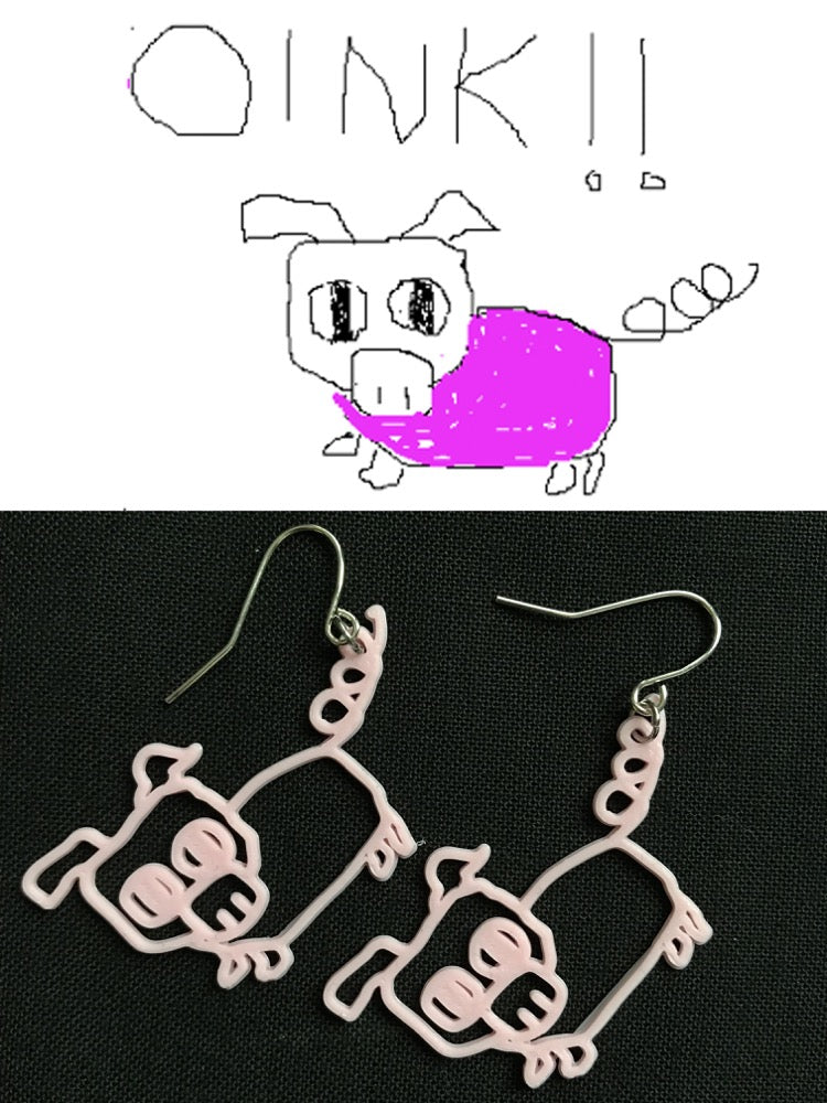 This image is split in two: the top image is a drawing of a pig and says OINK!! Below are two 3D printed pig earrings that match the pig drawing. 